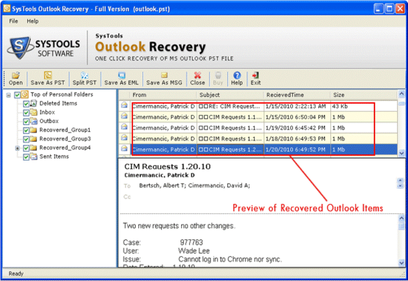 Click to view PST recovery 3.8 screenshot